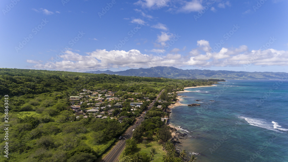 Aerial view of houses on the north shore of Oahu Hawaii