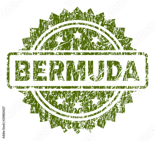 BERMUDA stamp seal watermark with rubber print style. Green vector rubber print of BERMUDA caption with corroded texture.
