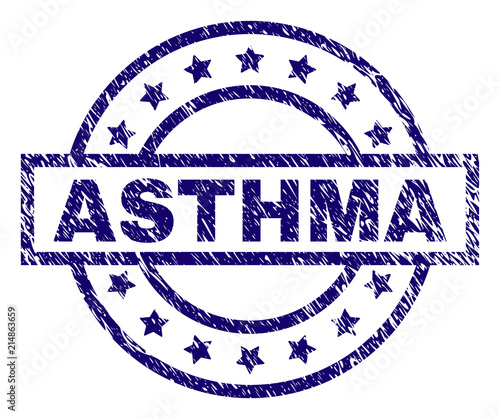 ASTHMA seal stamp with distress texture. Designed with rectangle, circles and stars. Blue vector rubber print of ASTHMA caption with unclean texture.