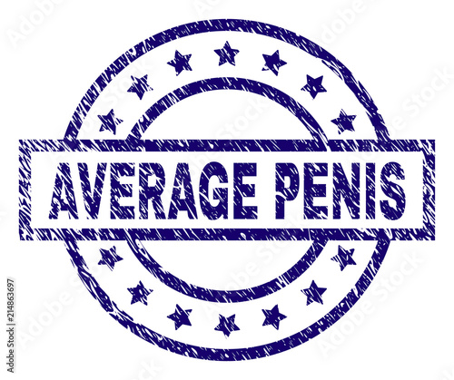 AVERAGE PENIS seal print with distress texture. Designed with rectangle, circles and stars. Blue vector rubber print of AVERAGE PENIS tag with dust texture.