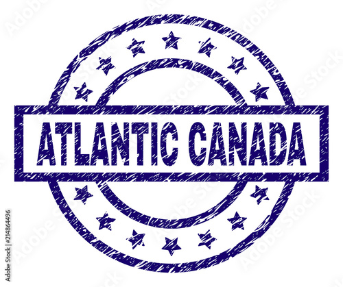 ATLANTIC CANADA seal watermark with dirty texture. Designed with rectangle, circles and stars. Blue vector rubber print of ATLANTIC CANADA text with scratched texture.
