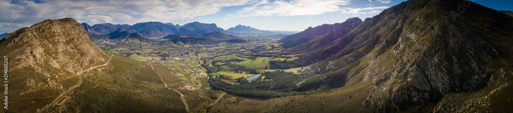 Aerial view over the Franschhoek pass and the Franschhoek valley in the Western Cape of South Africa