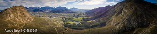 Fototapeta Naklejka Na Ścianę i Meble -  Aerial view over the Franschhoek pass and the Franschhoek valley in the Western Cape of South Africa