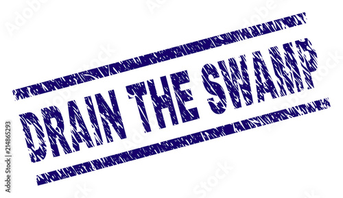 DRAIN THE SWAMP seal print with scratced style. Blue vector rubber print of DRAIN THE SWAMP text with unclean texture. Text caption is placed between parallel lines.