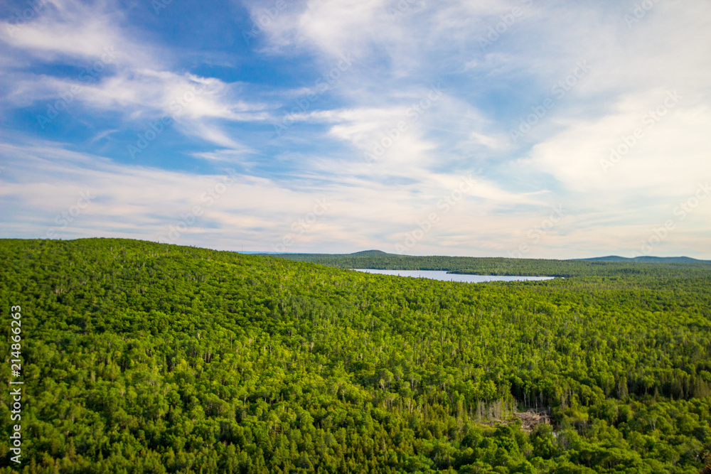 View from Brockway Mountain Drive. Panoramic view of the lush forest wilderness of northern Michigan from Brockway Mountain overlook in Copper Harbor,.Upper Peninsula, Michigan, USA.