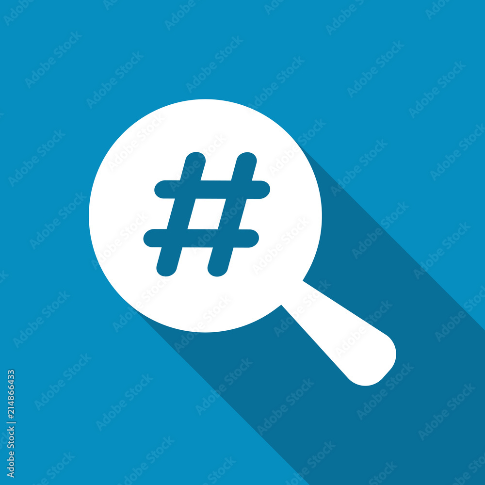 Obraz premium Magnified Hash Tag. Flat icon design with long shadow