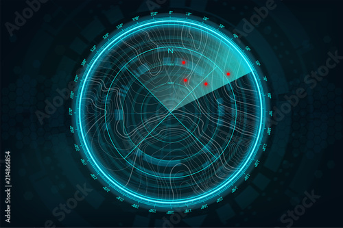 Radar Screen in futuristic style.  Air search HUD gadget. military search, system . navigation interface wallpaper. Vector illustration gui