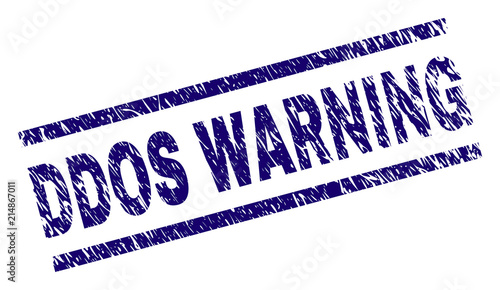 DDOS WARNING seal watermark with grunge style. Blue vector rubber print of DDOS WARNING tag with grunge texture. Text tag is placed between parallel lines.