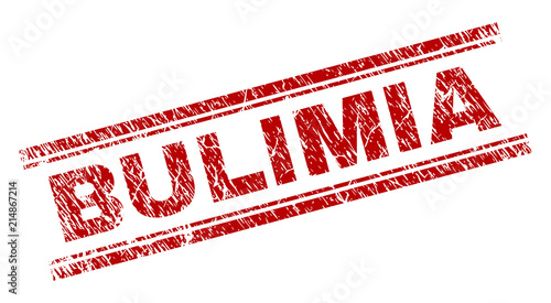 BULIMIA seal print with grunge style. Red vector rubber print of BULIMIA text with dust texture. Text caption is placed between double parallel lines.