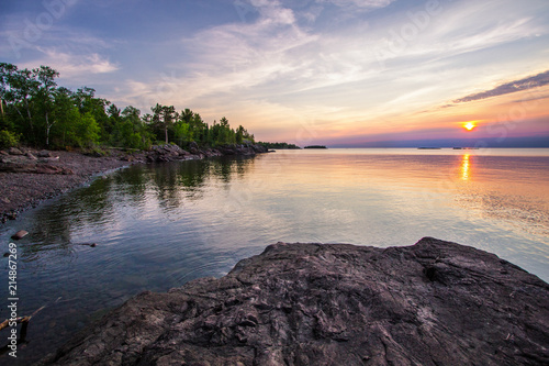 Sunset Over Lake Superior. Beautiful sunset over the coast of Lake Superior in Copper Harbor, Michigan.