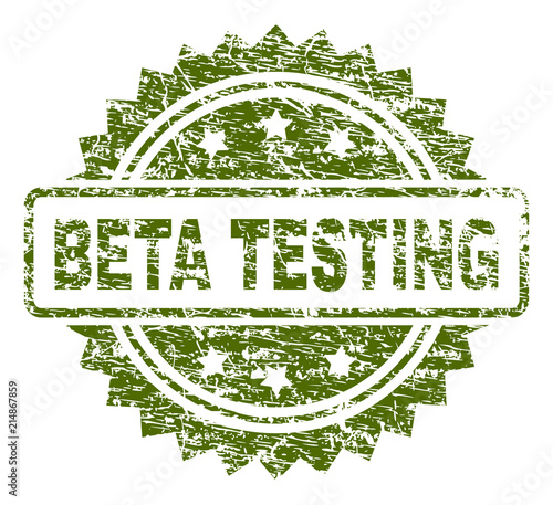 BETA TESTING stamp seal watermark with dirty style. Green vector rubber print of BETA TESTING text with unclean texture.