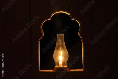 Oil lamp in a niche, Mool Sagar Heritage Hotel near Jaisalamer, Rajasthan, India, Asia