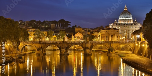 St. Peter's Basilica, in front Ponte Sant'Angelo bridge and the Tiber, Blue Hour, Vatican, Rome, Lazio, Italy, Europe