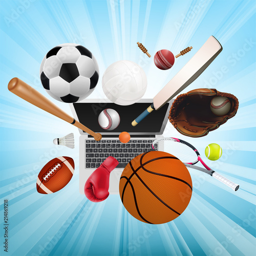 Sports equipment with a football basketball baseball soccer tennis ball volleyball boxing gloves and badminton as a symbol of sports online on blue background. vector and illustration.