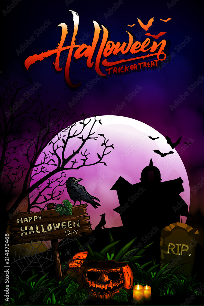 Halloween pumpkins and dark castle on Moon night background, vector and illustration.