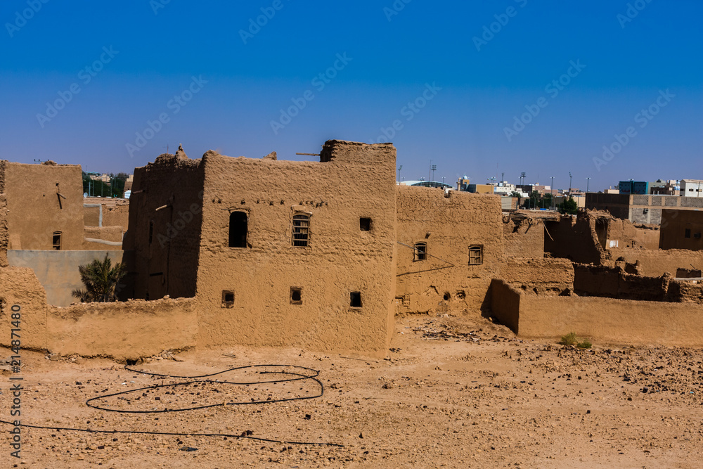 An aerial view of the mud brick suburbs from the Munikh Castle, Al Majmaah, Saudi Arabia