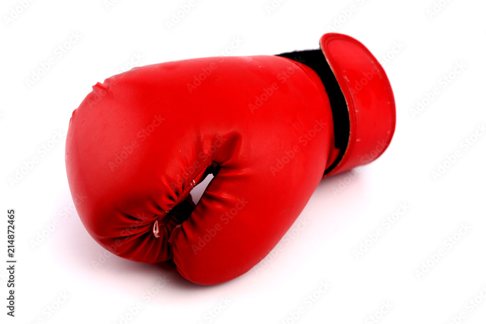 Red boxing mittens against a white backdrop.