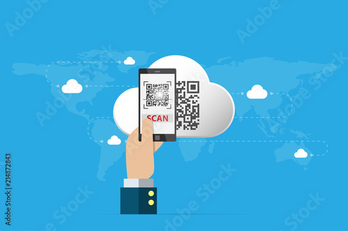 business hand holding smartphone to scan qr code on cloud, technology and business concept