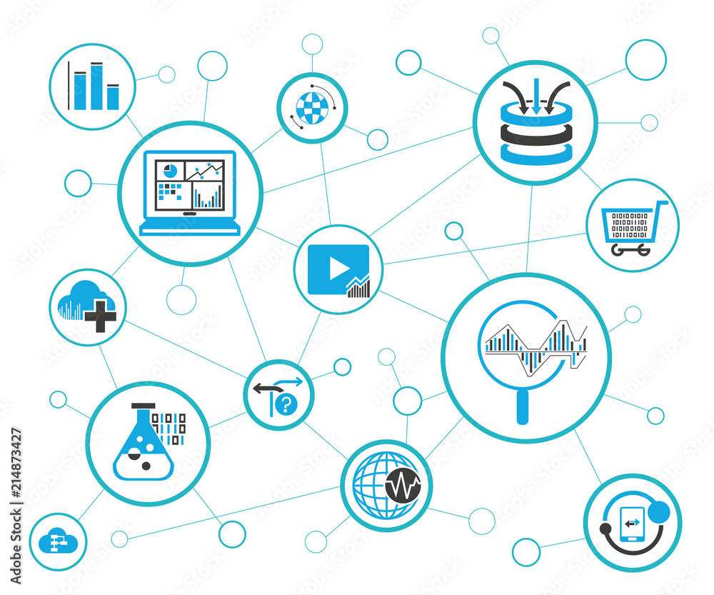 analytics data icons and network diagram on white background, information technology concept analytics data icons and network diagram on white background, information technology concept