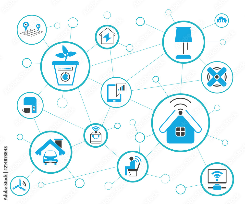internet of things concept and home automation icons in blue network background internet of things concept and home automation icons in blue network background