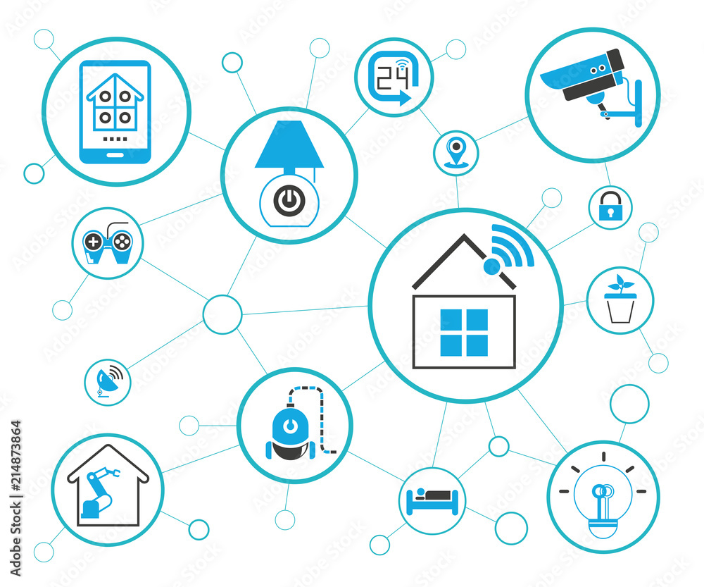 internet of things concept and home automation icons in blue network background internet of things concept and home automation icons in blue network background