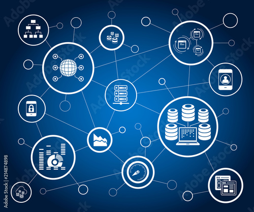 server and data analytics concept, information management in blue background