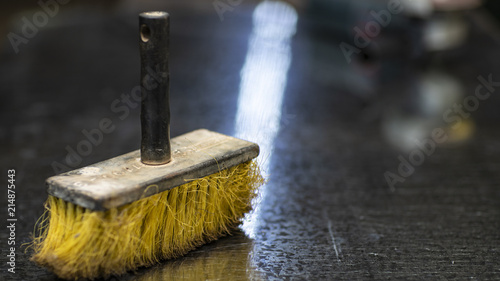 Wallpaper Mural Yellow cleaning broom, work room and home, blurred background   Torontodigital.ca