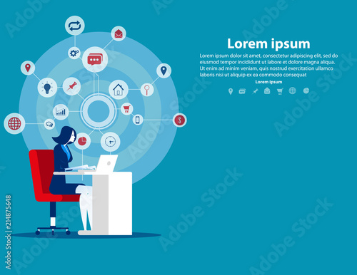 Businesswoman working computer on office. Concept business technology vector illustration. Marketing, Flat cartoon character.