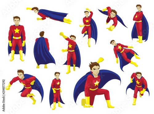 Superhero Man Poses Cartoon Emotion faces Vector Illustration