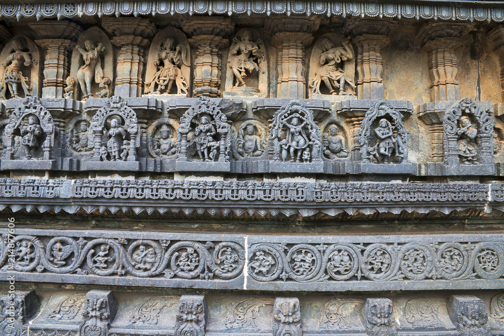 Decorative friezes with deities, dancers and other figures, Chennakeshava temple. Belur, Karnataka.
