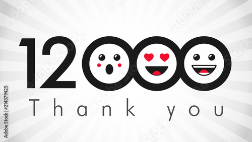 Thank you 12000k followers logotype. Congratulating black and white colours networking thanks, net friends abstract image, customers 12 000k sign, % percent off discount. Isolated smiling people.