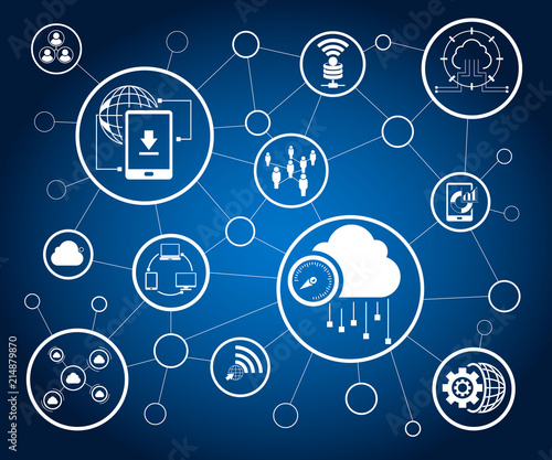 data icons and network diagram on blue background