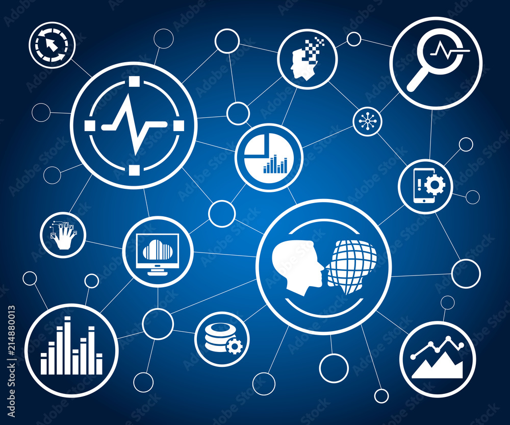 data analytics icons and network diagram on white background data analytics icons and network diagram on white background