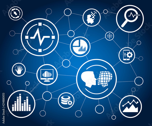 data analytics icons and network diagram on white background