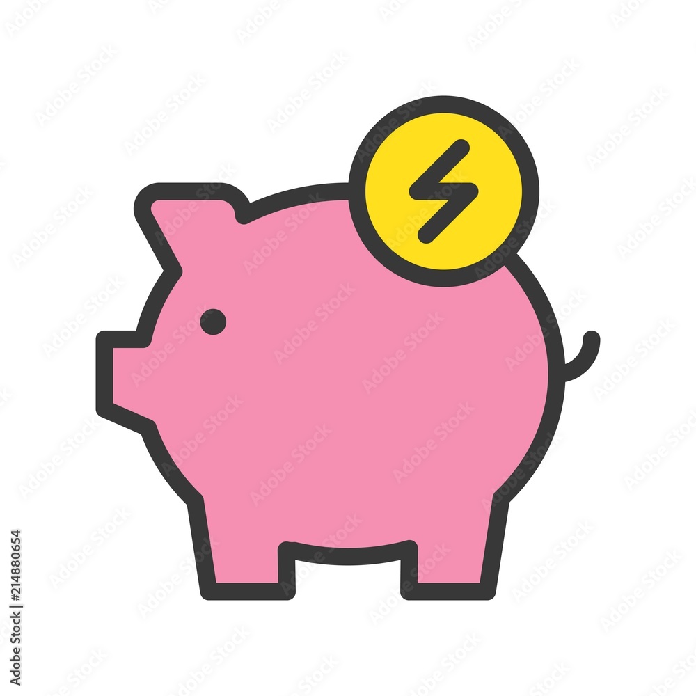 Piggy bank and flash sign, filled line Flat icon saving energy and environmental concept Piggy bank and flash sign, filled line Flat icon saving energy and environmental concept