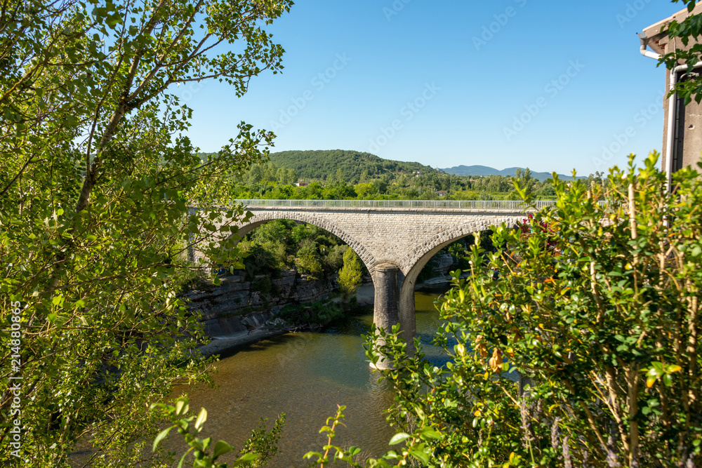 Stone bridge over the river Ardeche near Pradons in the department Ardeche