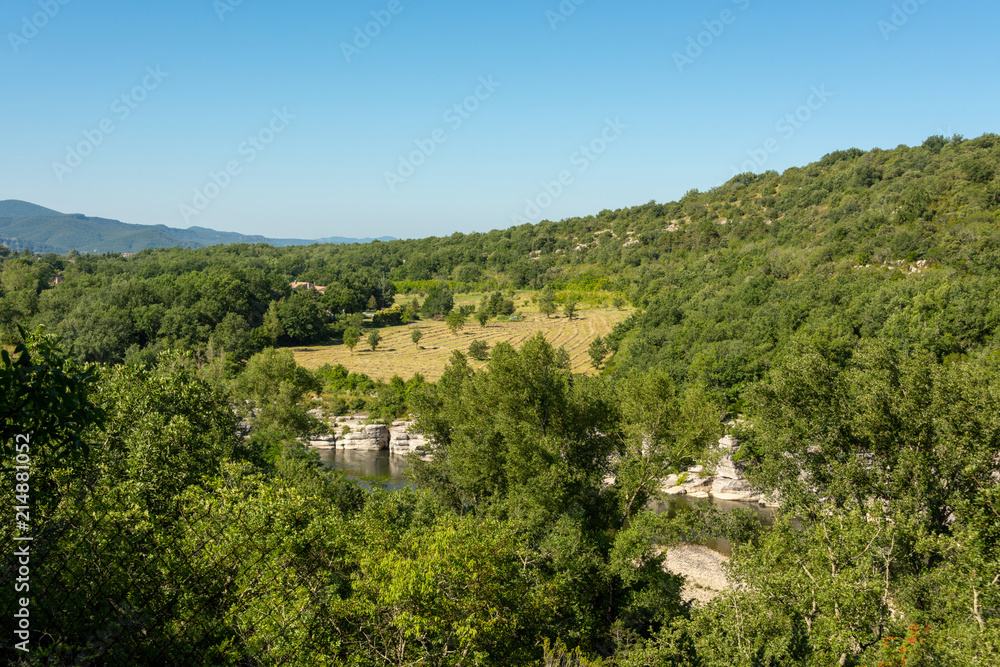 Beautiful panoramic view of the landscape by the river Ardeche in the south of France