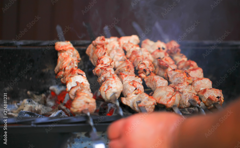 Meat And Vegetable Kebabs On The Hot BBQ Grill. Flaming Charcoal In The Background. Snack For Outdoor Summer Barbeque Party.Family dinner in the open air.
