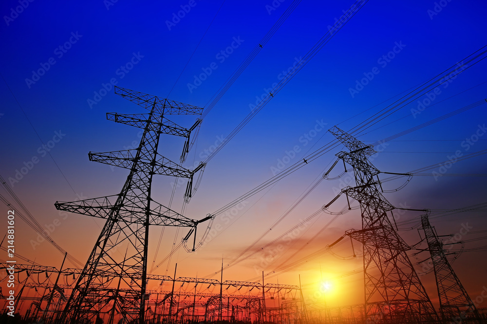 Pylon, high-voltage tower sky background.