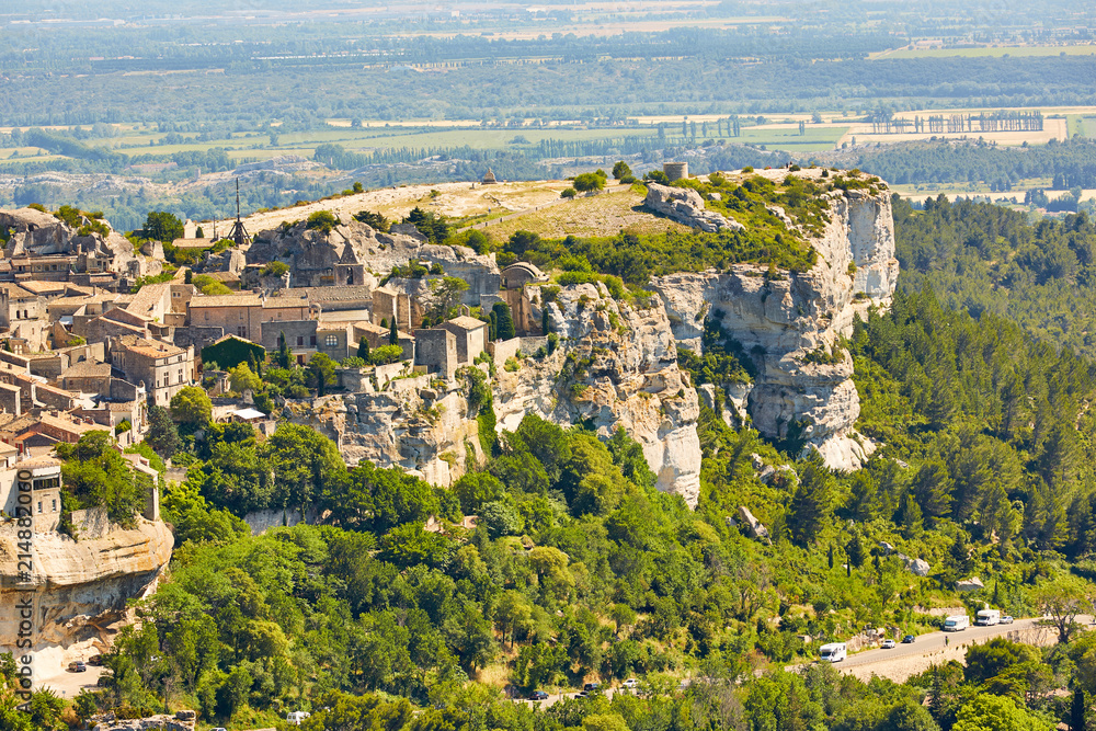 Provencal village Les Baux de Provence and view of Sarragan stones