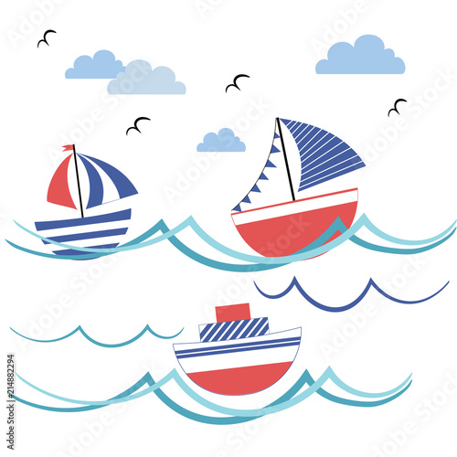 Cartoon illustration with colored boats. Vector illustration