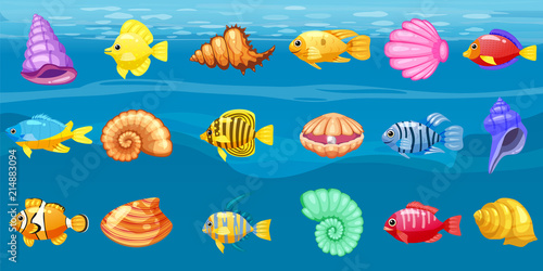 Cartoon Vector game icons with seashell, Colorful coral reef tropical fish, pearl, background underwater, for match three game, apps on white background. Isolated elements.