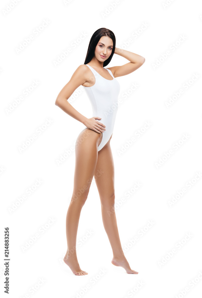 Fit and sporty girl in white swimsuit. Sport, fitness, diet, weight loss and healthcare concept. Fit and sporty girl in white swimsuit. Sport, fitness, diet, weight loss and healthcare concept.