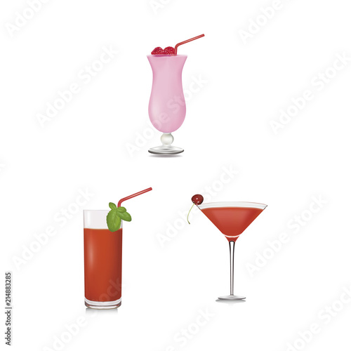 Collection of fruit cocktails (mint, raspberry, cherry),on white background, for decoration design,