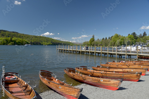 Rowing boats moored at Bowness on Lake Windermere, Lake District photo