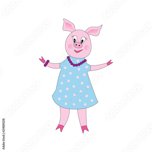 Hand drawn vector illustration of a cute funny piggy girl in a blue dress. Isolated objects.Vector illustration of Cute pig cartoon posing. miss/woman pig flat design. Concept for children print. © Яна Фаркова