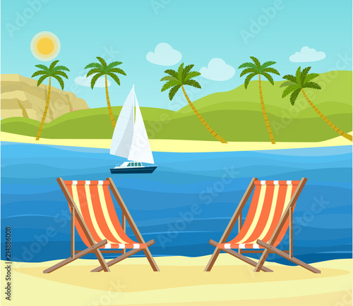 Two deck chairs on the beach. Tropical landscape. Vector flat style illustration