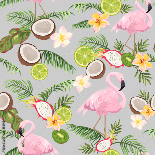 seamless pattern with pink flamingos, fruits and palm leaves