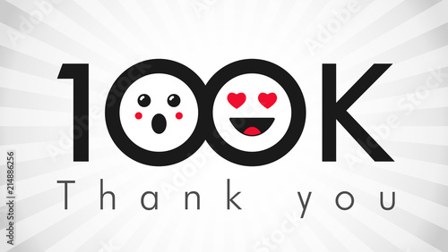 Thank you 100 000 followers logotype. Congratulating black and white colours networking thanks, net friends abstract image, customers 100 000k sign, % percent off discount. Isolated smiling people.