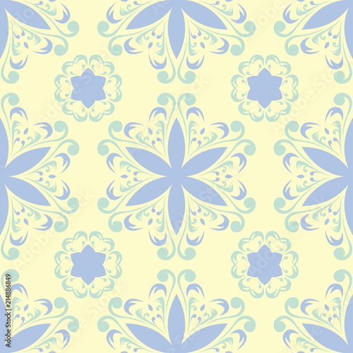Floral beige seamless pattern. Beige background with light blue and green flower designs